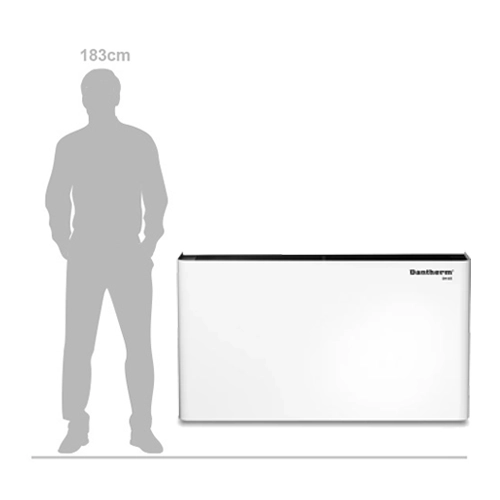 Dantherm DH 65 commercial dehumidifier shown beside a 183 cm adult for size comparison