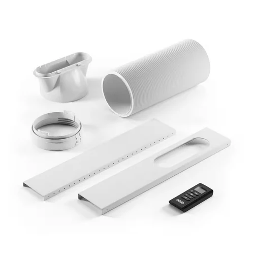 De'Longhi Pinguino PAC EM82K.1 window installation kit components including the flexible white exhaust hose, window slider bracket panel, adapters, and black remote control.