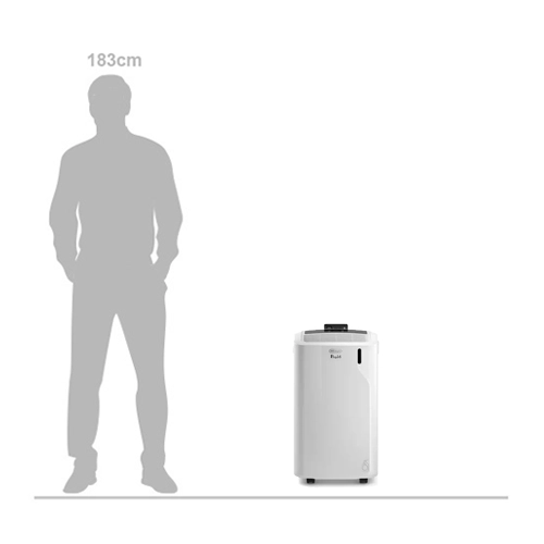 Size comparison graphic showing the relative height of the De'Longhi Pinguino PAC EM82K.1 portable air conditioner positioned next to a human silhouette scaled at 183 cm tall.