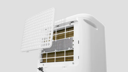 Inventor EVA ION PRO WiFi 20L dehumidifier showing activated carbon filter installation for odour reduction