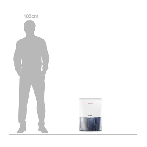 Inventor EVA ION PRO WiFi 20L dehumidifier shown beside a 183 cm adult for size comparison