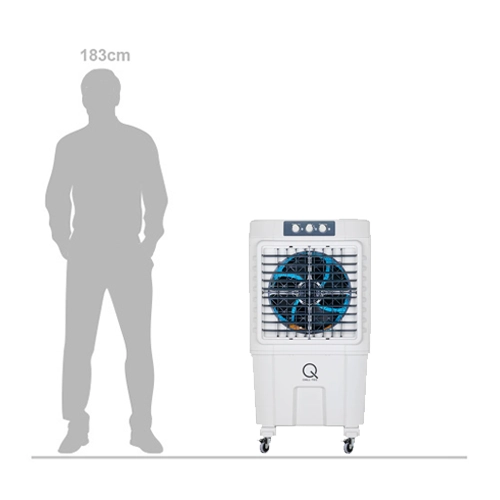 Chill-Teq EVA 100 evaporative air cooler shown beside a 183 cm adult for size comparison