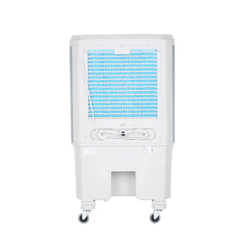 Rear view of the Chill-Teq EVA 72 evaporative air cooler showing cooling pads and power cable