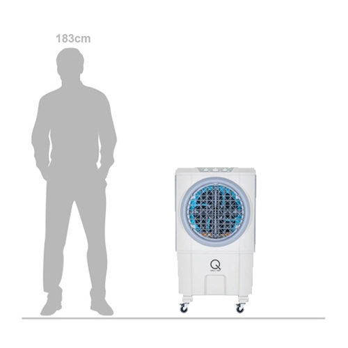 Chill-Teq EVA 72 evaporative air cooler shown beside a 183 cm adult for size comparison