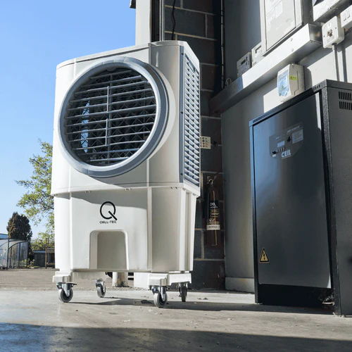 Chill-Teq EVA 72 evaporative air cooler in a workshop and industrial environment