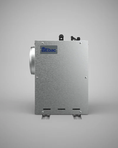 Rear view of Ebac loft mounted dehumidifier with duct connection for whole-house moisture control