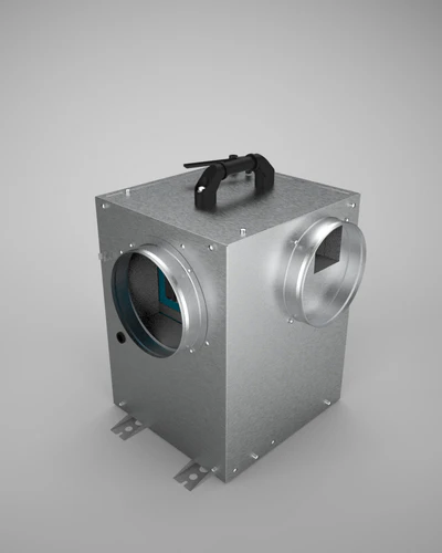 Angled top view of Ebac loft mounted dehumidifier with dual duct connections