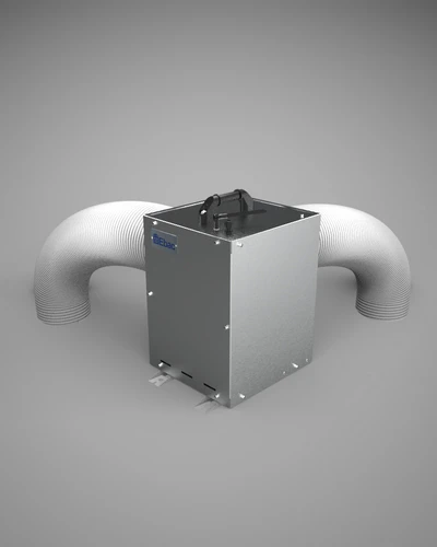 Front angled view of Ebac loft mounted dehumidifier with flexible ducting installed