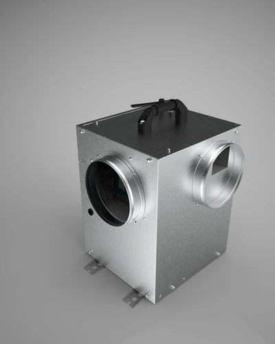 Top left view of Ebac loft mounted dehumidifier showing intake and discharge connections