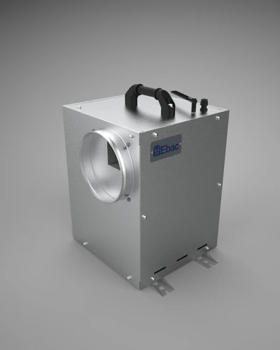 Top right view of Ebac loft mounted dehumidifier designed for social housing damp and mould management