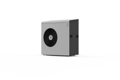 Angled view of Ebac 9kW air source heat pump in white and grey finish