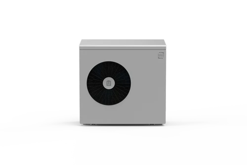 Front view of Ebac 9kW air source heat pump in white and grey finish